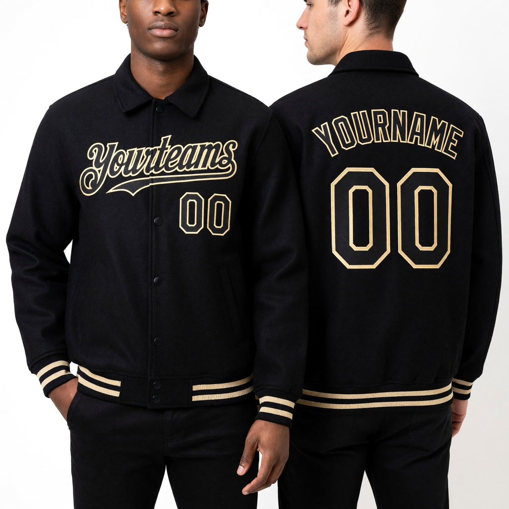 Custom Black Cream Bomber Full-Snap Varsity Letterman Lapel Collar Byron Jacket worn front and back