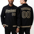 Custom Black Cream Bomber Full-Snap Varsity Letterman Lapel Collar Byron Jacket worn front and back