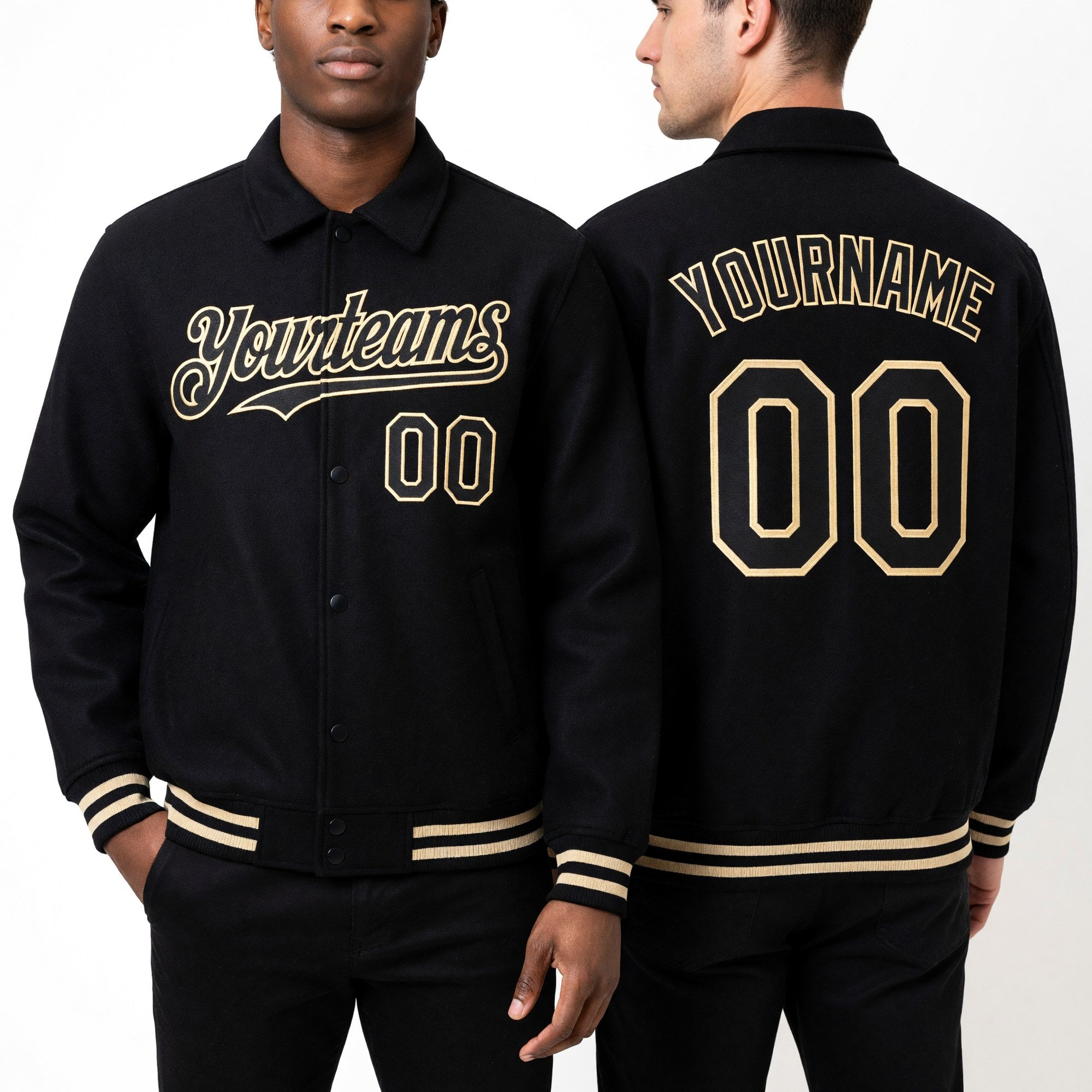 Custom Black Cream Bomber Full-Snap Varsity Letterman Lapel Collar Byron Jacket worn front and back