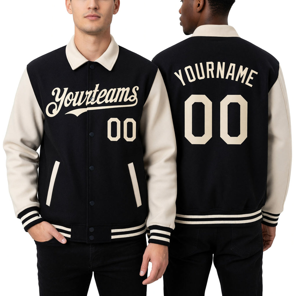 Custom Black Cream Bomber Full-Snap Varsity Letterman Two Tone Lapel Collar Byron Jacket worn front and back