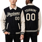 Custom Black Cream Bomber Full-Snap Varsity Letterman Two Tone Lapel Collar Byron Jacket worn front and back