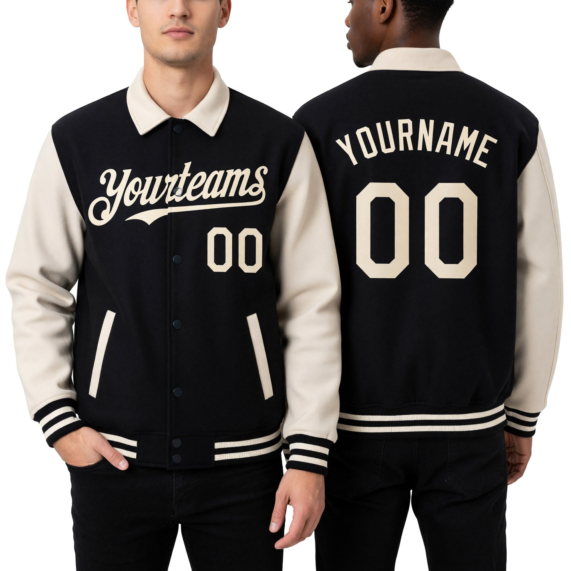 Custom Black Cream Bomber Full-Snap Varsity Letterman Two Tone Lapel Collar Byron Jacket worn front and back