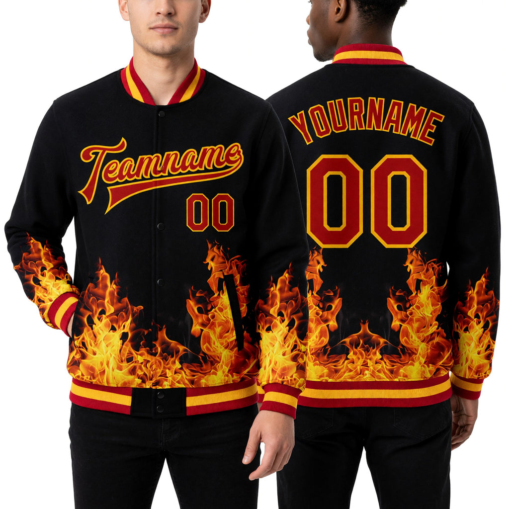 Custom Black Red-Gold Flame 3D Pattern Design Bomber Full-Snap Varsity Letterman Jacket worn front and back