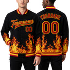 Custom Black Red-Gold Flame 3D Pattern Design Bomber Full-Snap Varsity Letterman Jacket worn front and back