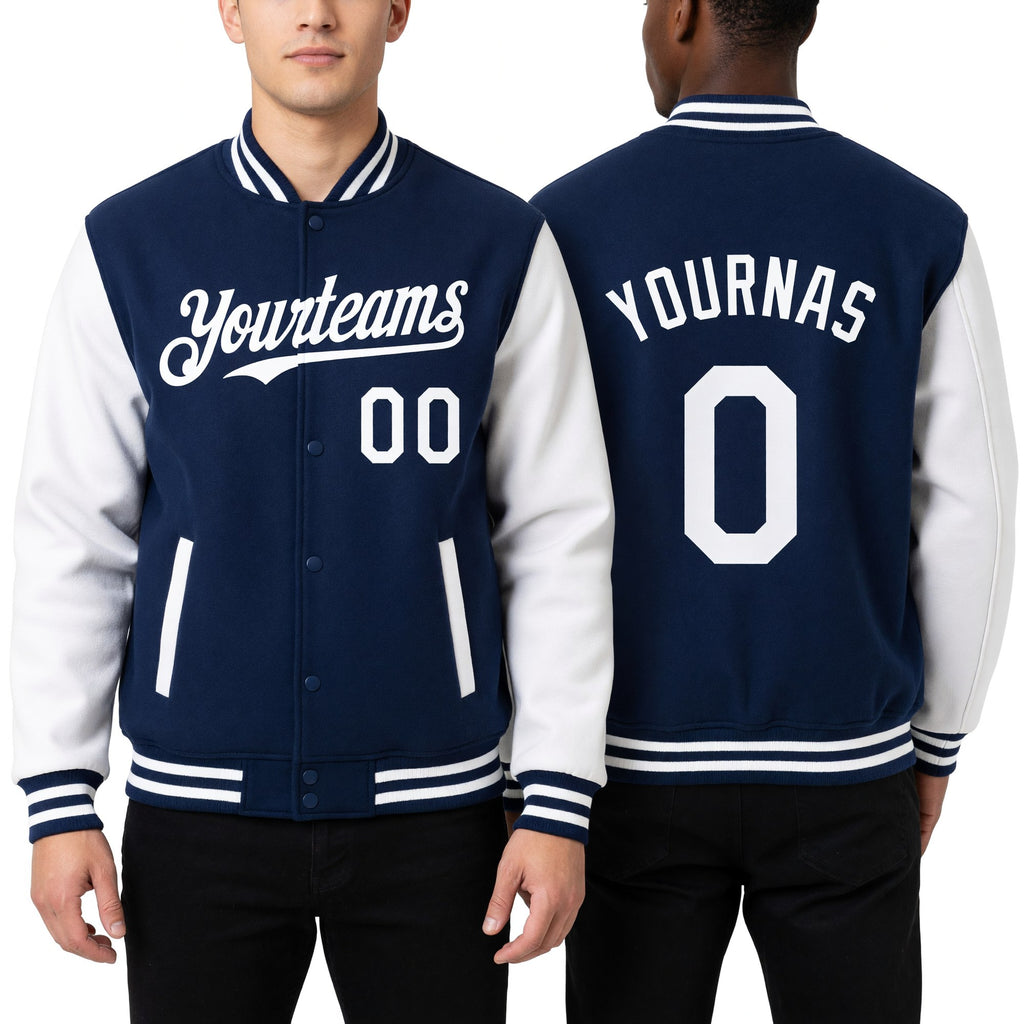 Custom Royal White Bomber Full-Snap Varsity Letterman Two Tone Hoodie Jacket worn front and back