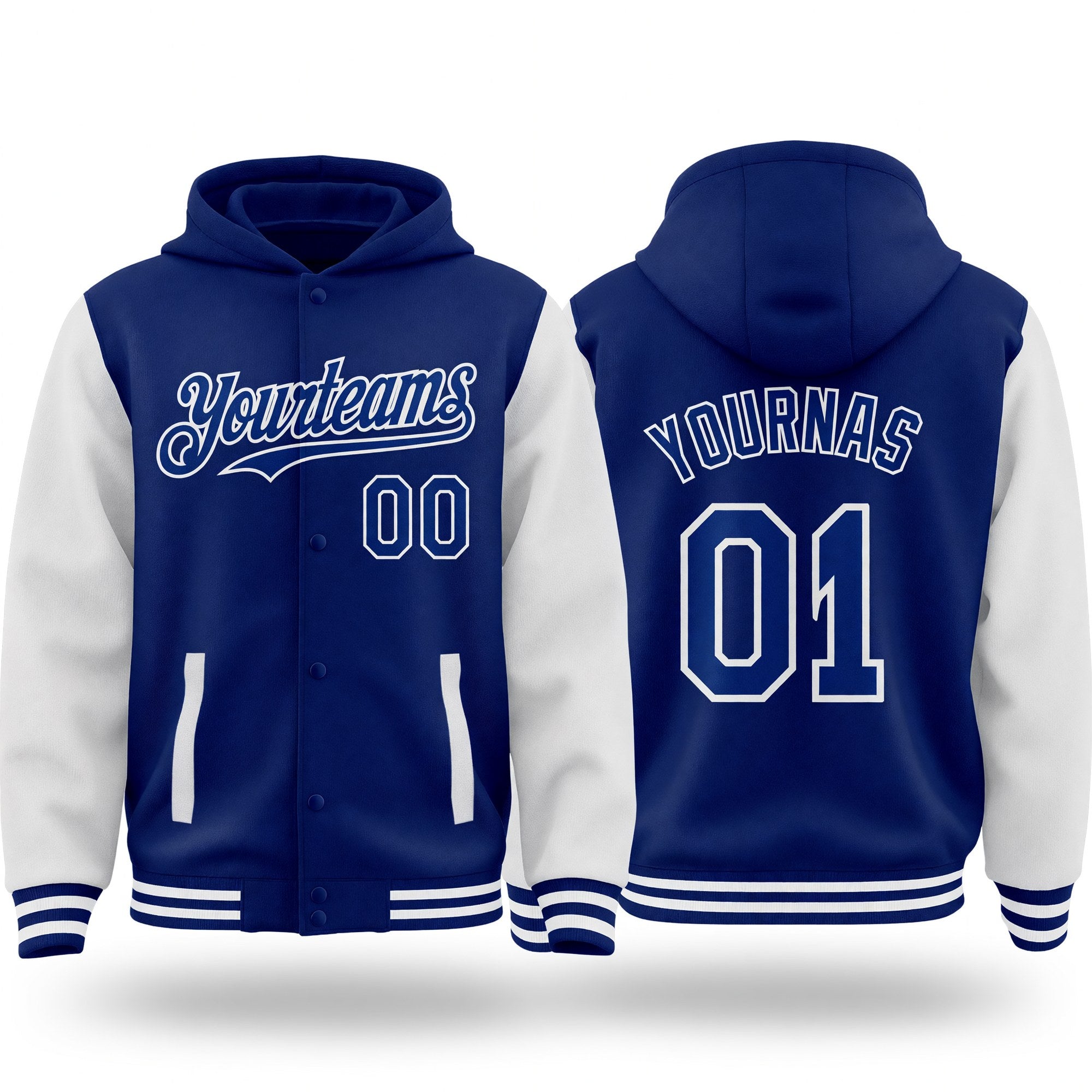 Custom Royal White Bomber Full-Snap Varsity Letterman Two Tone Hoodie Jacket