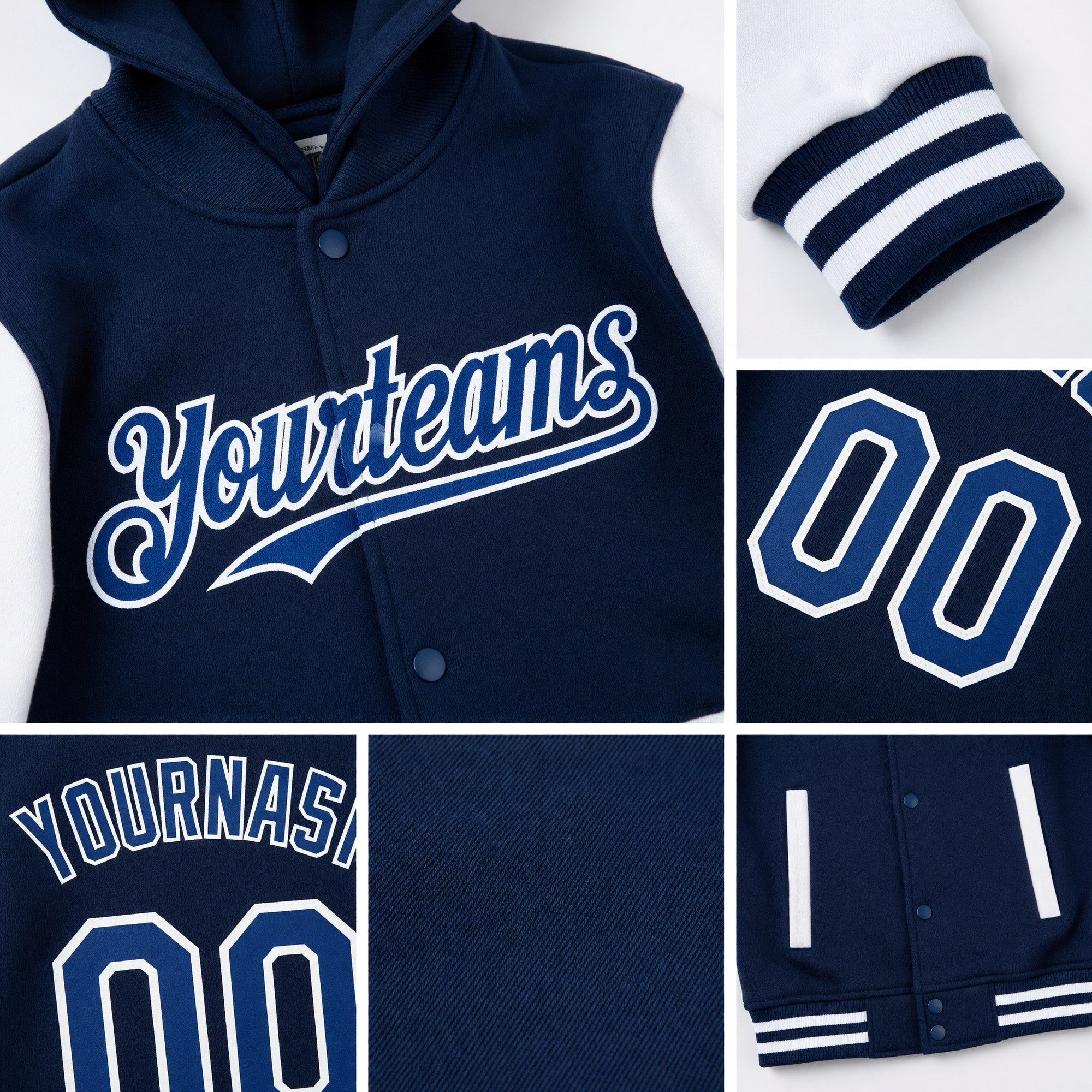 Custom Royal White Bomber Full-Snap Varsity Letterman Two Tone Hoodie Jacket detail