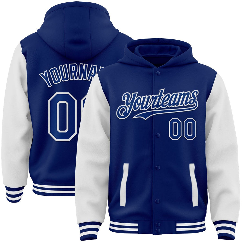 Custom Royal White Bomber Full-Snap Varsity Letterman Two Tone Hoodie Jacket photo 1