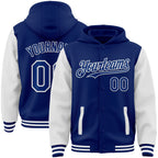 Custom Royal White Bomber Full-Snap Varsity Letterman Two Tone Hoodie Jacket photo 1