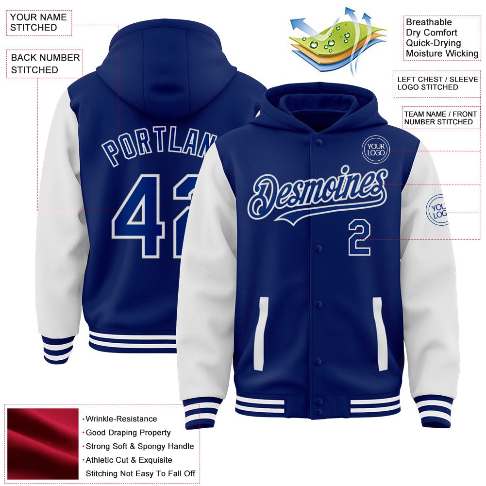 Custom Royal White Bomber Full-Snap Varsity Letterman Two Tone Hoodie Jacket photo 3