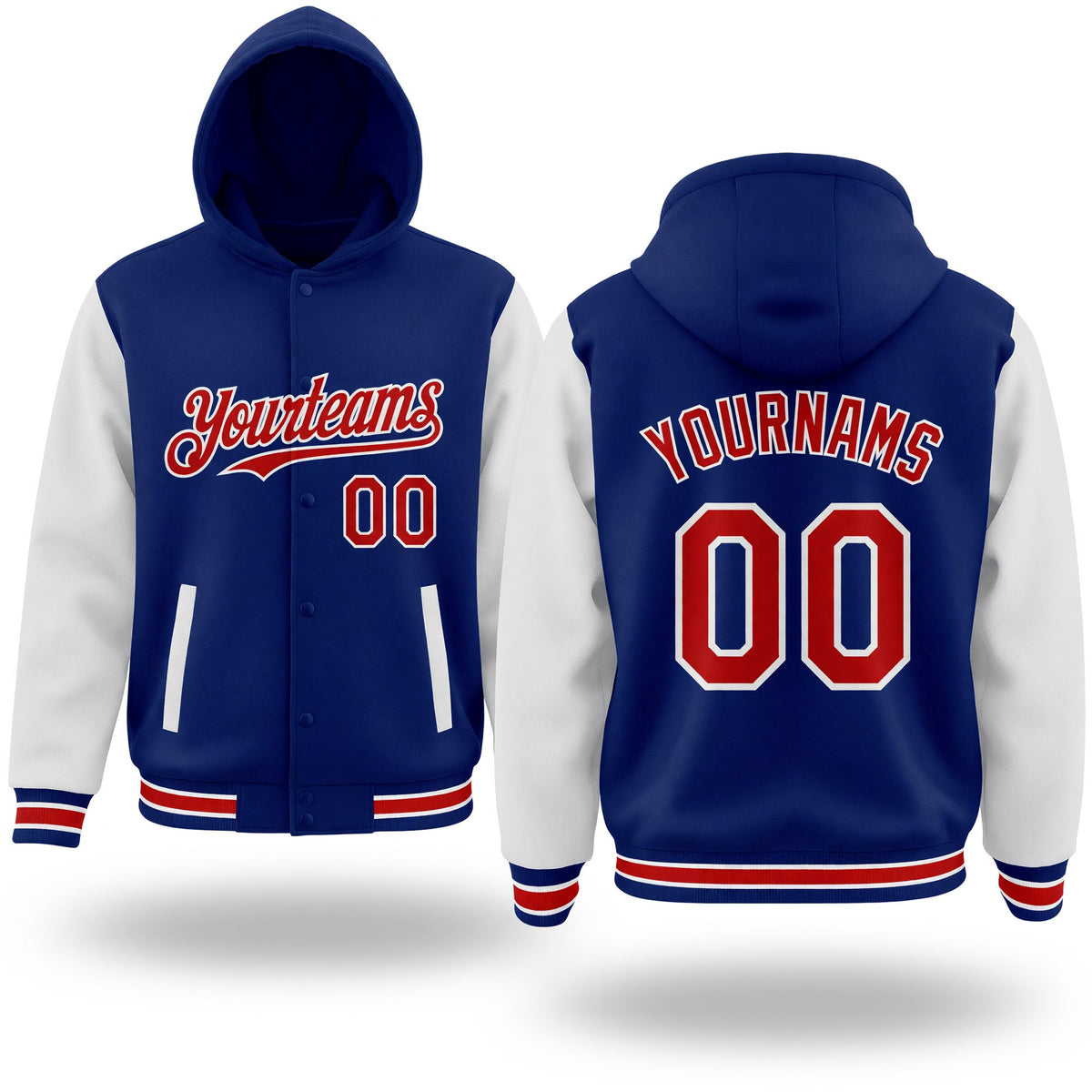 Custom Royal Red-White Bomber Full-Snap Varsity Letterman Two Tone Hoodie Jacket