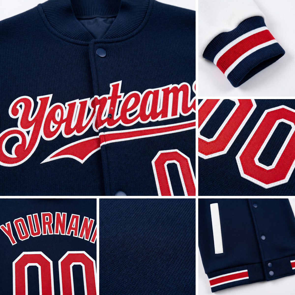 Custom Royal Red-White Bomber Full-Snap Varsity Letterman Two Tone Hoodie Jacket detail