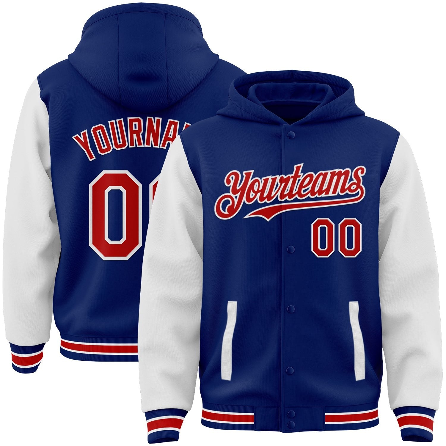 Custom Royal Red-White Bomber Full-Snap Varsity Letterman Two Tone Hoodie Jacket photo 1