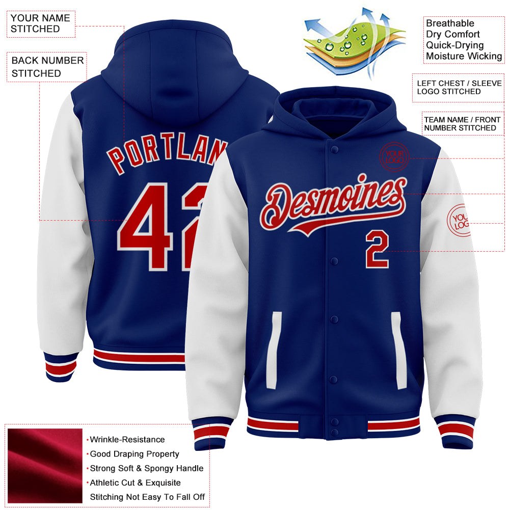 Custom Royal Red-White Bomber Full-Snap Varsity Letterman Two Tone Hoodie Jacket photo 3