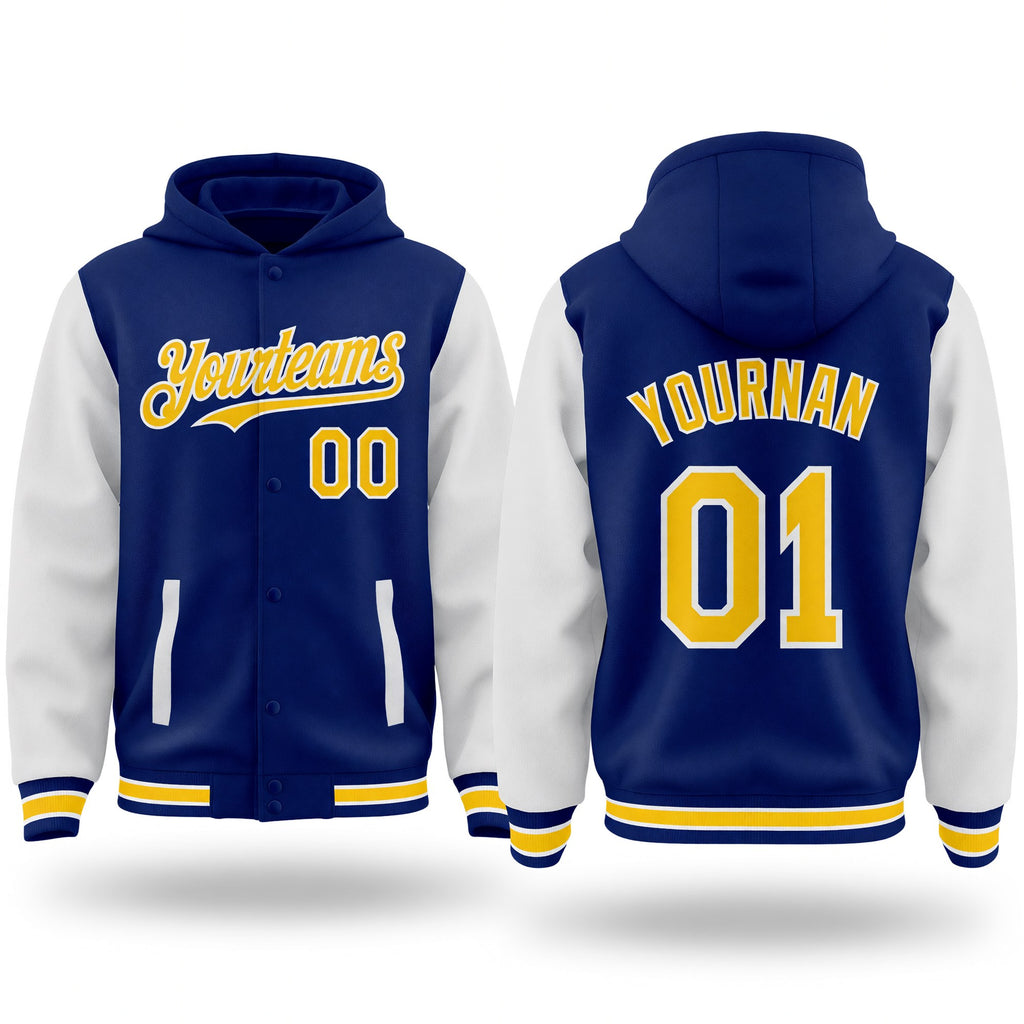 Custom Royal Yellow-White Bomber Full-Snap Varsity Letterman Two Tone Hoodie Jacket