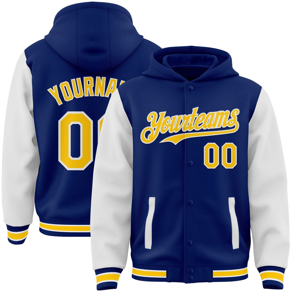 Custom Royal Yellow-White Bomber Full-Snap Varsity Letterman Two Tone Hoodie Jacket photo 1
