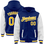 Custom Royal Yellow-White Bomber Full-Snap Varsity Letterman Two Tone Hoodie Jacket photo 1