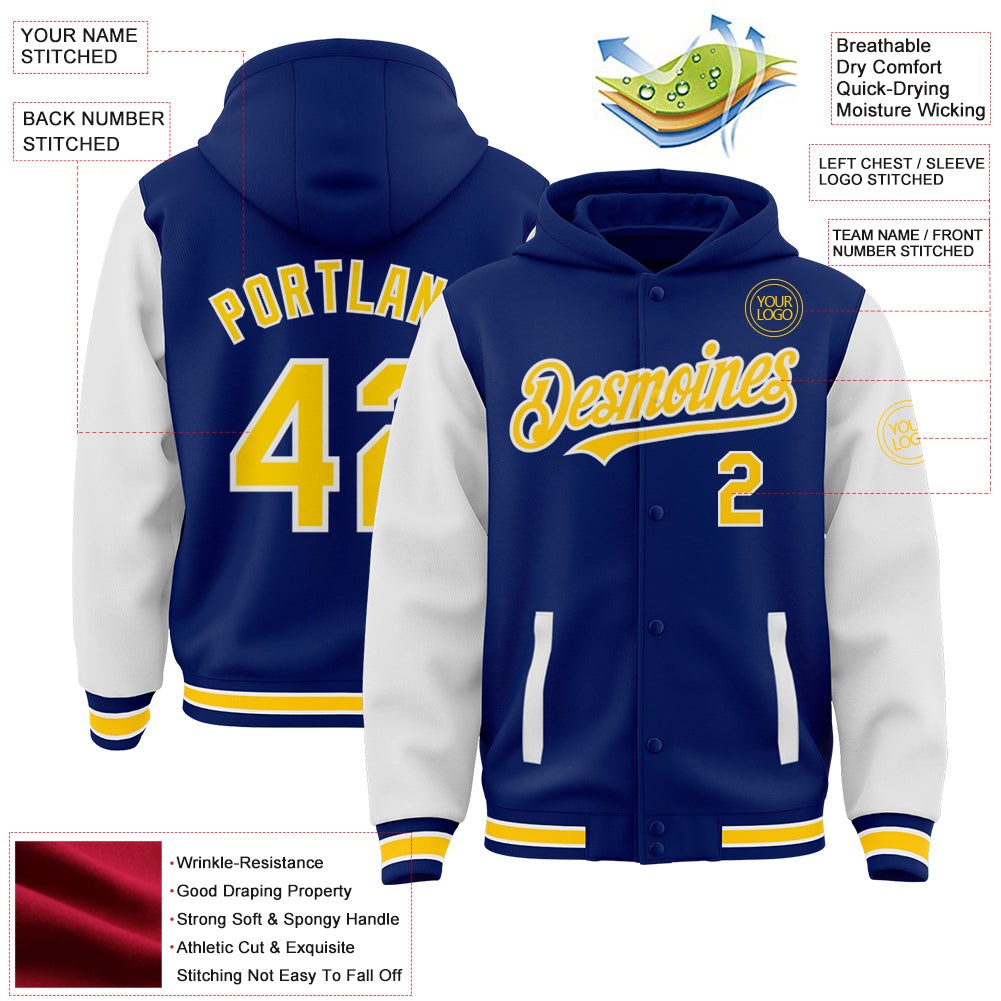 Custom Royal Yellow-White Bomber Full-Snap Varsity Letterman Two Tone Hoodie Jacket photo 3