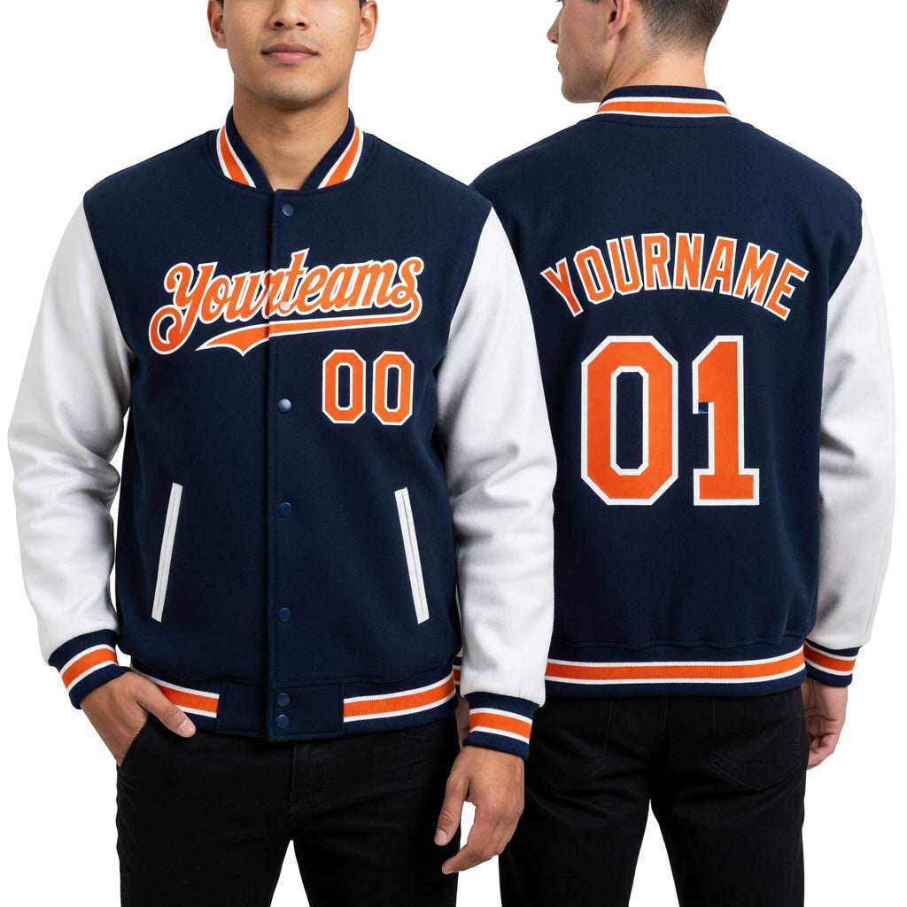 Custom Royal Orange-White Bomber Full-Snap Varsity Letterman Two Tone Hoodie Jacket worn front and back