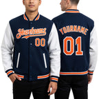 Custom Royal Orange-White Bomber Full-Snap Varsity Letterman Two Tone Hoodie Jacket worn front and back
