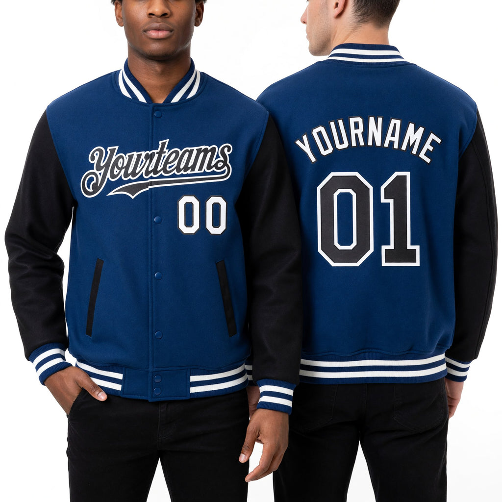 Custom Royal Black-White Bomber Full-Snap Varsity Letterman Two Tone Hoodie Jacket worn front and back