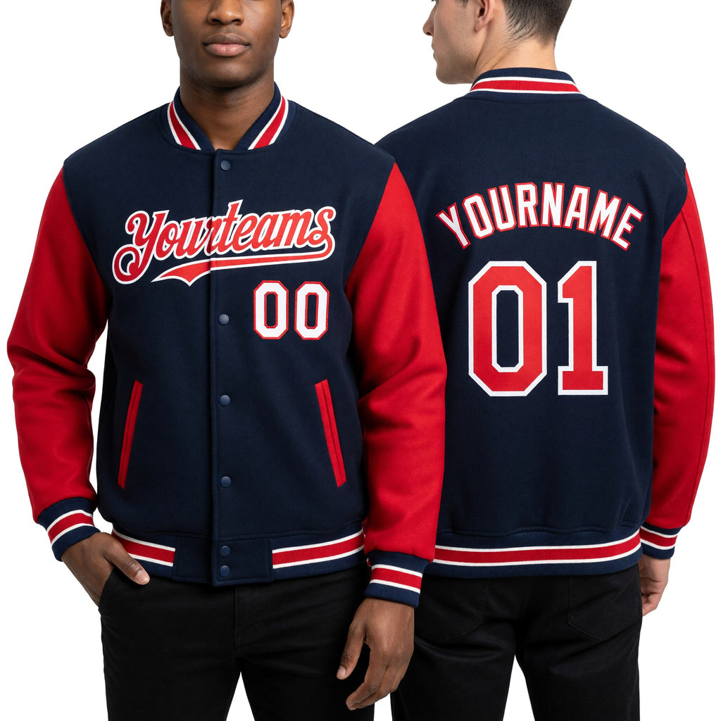 Custom Royal Red-White Bomber Full-Snap Varsity Letterman Two Tone Hoodie Jacket worn front and back