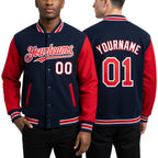 Custom Royal Red-White Bomber Full-Snap Varsity Letterman Two Tone Hoodie Jacket worn front and back