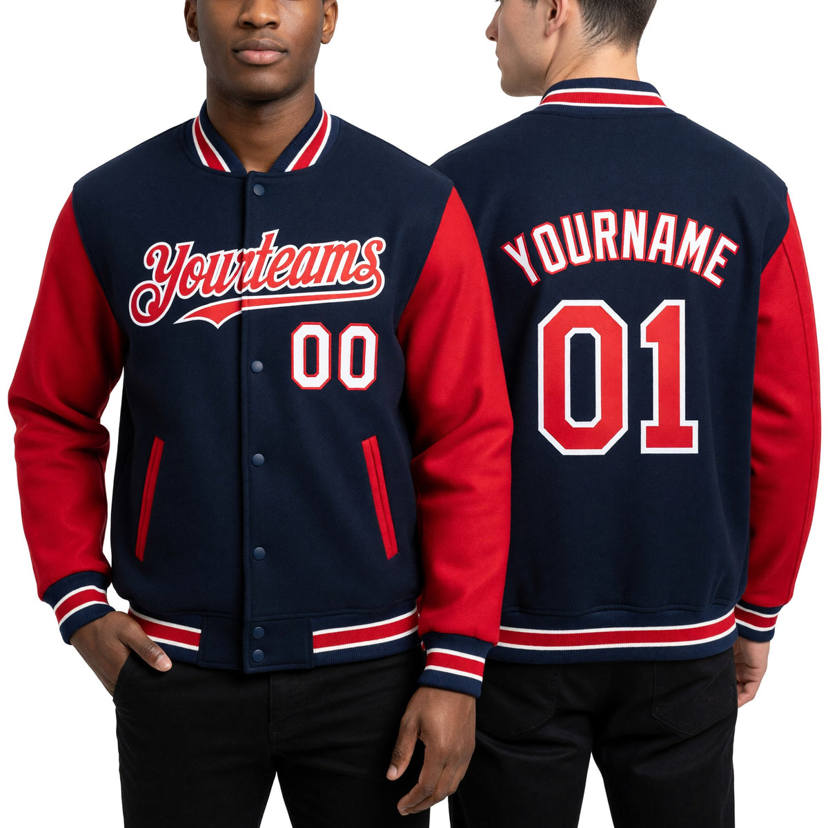 Custom Royal Red-White Bomber Full-Snap Varsity Letterman Two Tone Hoodie Jacket worn front and back