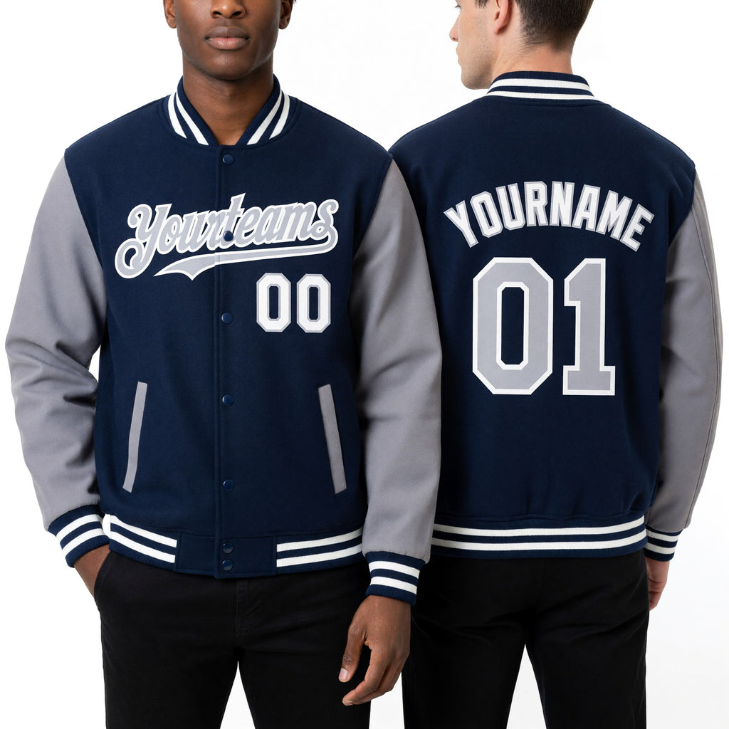 Custom Royal Gray-White Bomber Full-Snap Varsity Letterman Two Tone Hoodie Jacket worn front and back