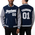 Custom Royal Gray-White Bomber Full-Snap Varsity Letterman Two Tone Hoodie Jacket worn front and back