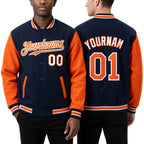 Custom Royal Orange-White Bomber Full-Snap Varsity Letterman Two Tone Hoodie Jacket worn front and back