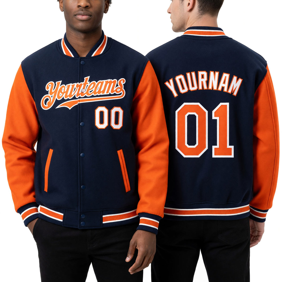 Custom Royal Orange-White Bomber Full-Snap Varsity Letterman Two Tone Hoodie Jacket worn front and back