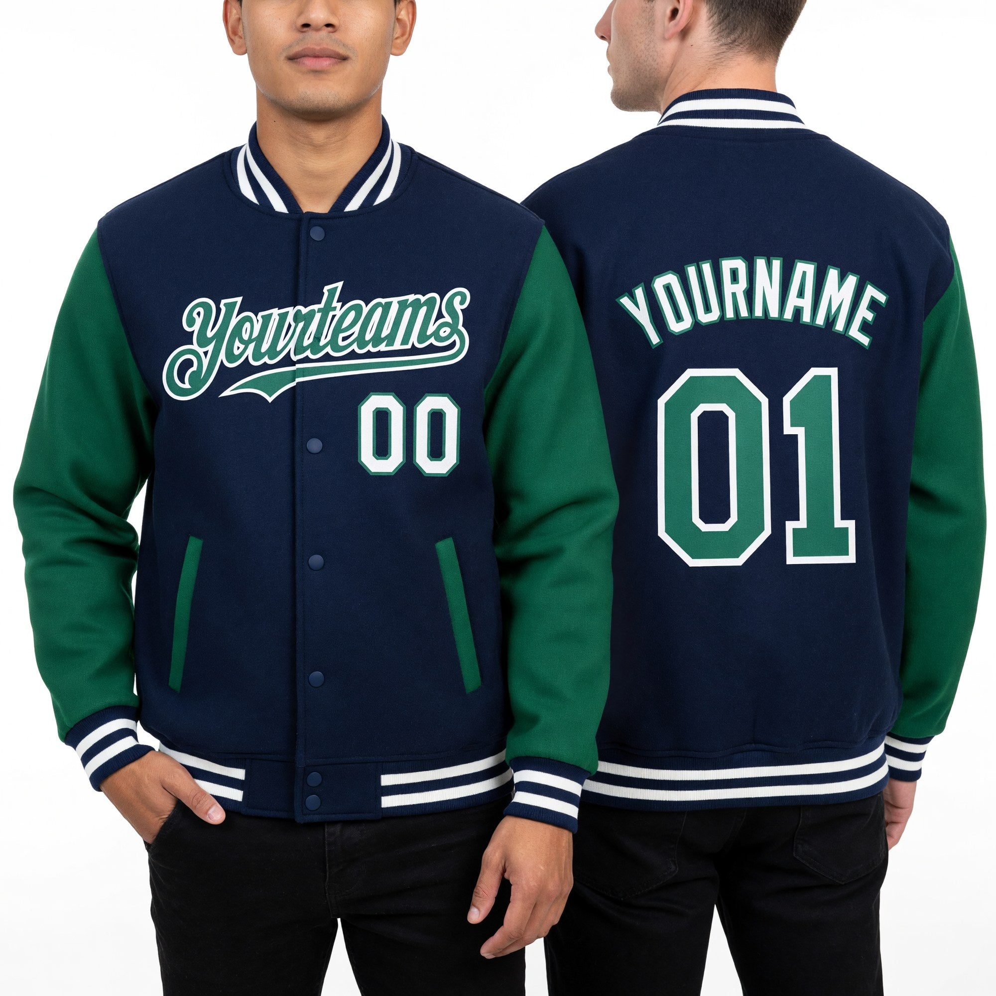 Custom Royal Kelly Green-White Bomber Full-Snap Varsity Letterman Two Tone Hoodie Jacket worn front and back