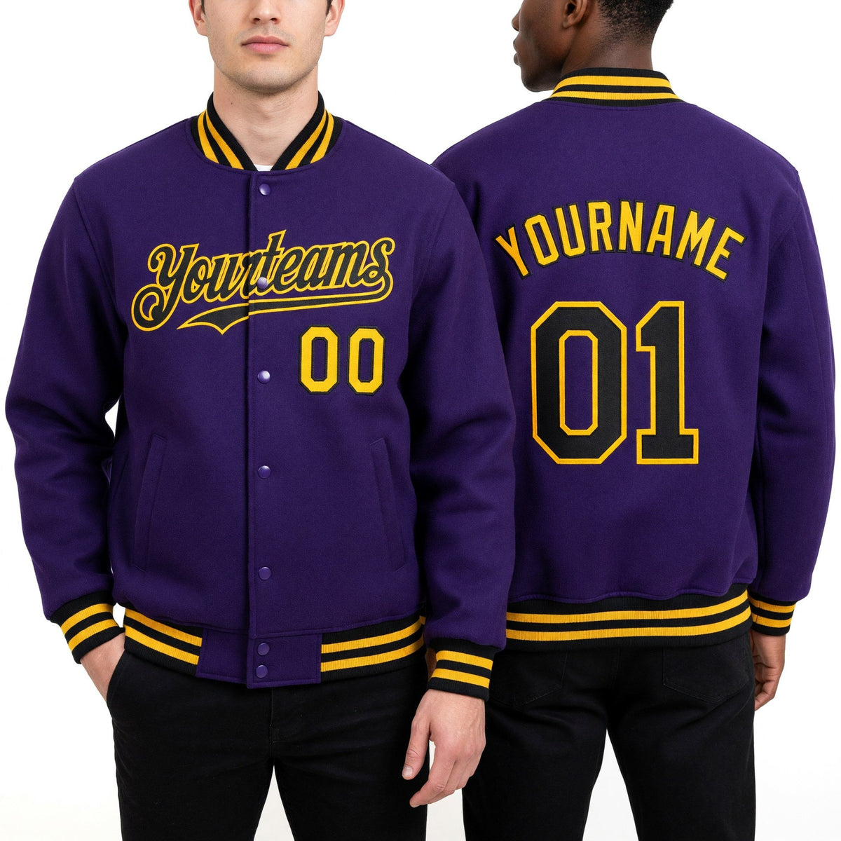 Custom Purple Black-Gold Bomber Full-Snap Varsity Letterman Hoodie Jacket worn front and back