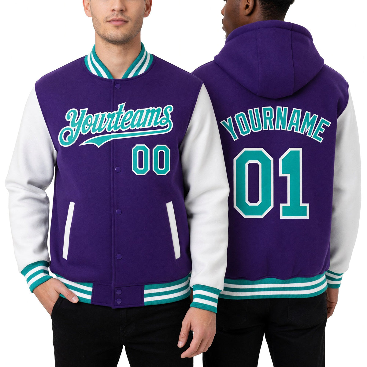 Custom Purple Aqua-White Bomber Full-Snap Varsity Letterman Two Tone Hoodie Jacket worn front and back