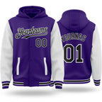 Custom Purple Black-White Bomber Full-Snap Varsity Letterman Two Tone Hoodie Jacket