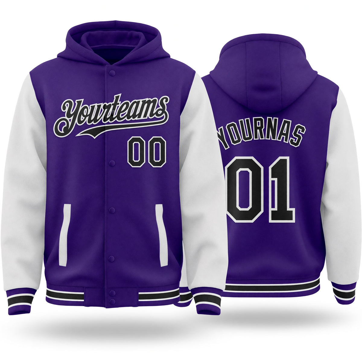 Custom Purple Black-White Bomber Full-Snap Varsity Letterman Two Tone Hoodie Jacket