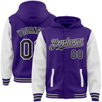 Custom Purple Black-White Bomber Full-Snap Varsity Letterman Two Tone Hoodie Jacket photo 1