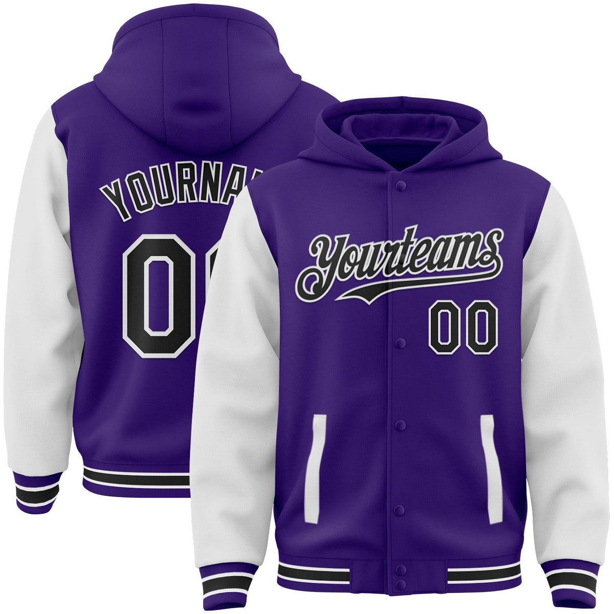Custom Purple Black-White Bomber Full-Snap Varsity Letterman Two Tone Hoodie Jacket photo 1