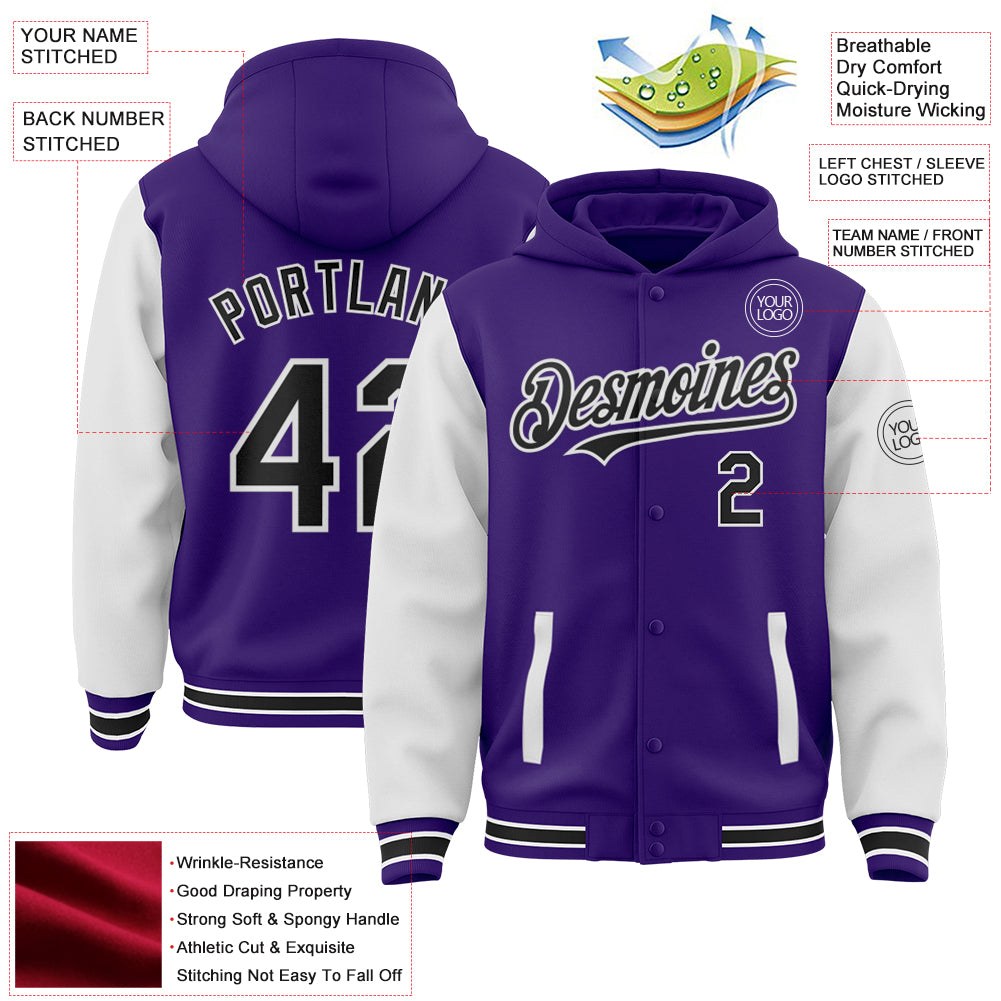 Custom Purple Black-White Bomber Full-Snap Varsity Letterman Two Tone Hoodie Jacket photo 3
