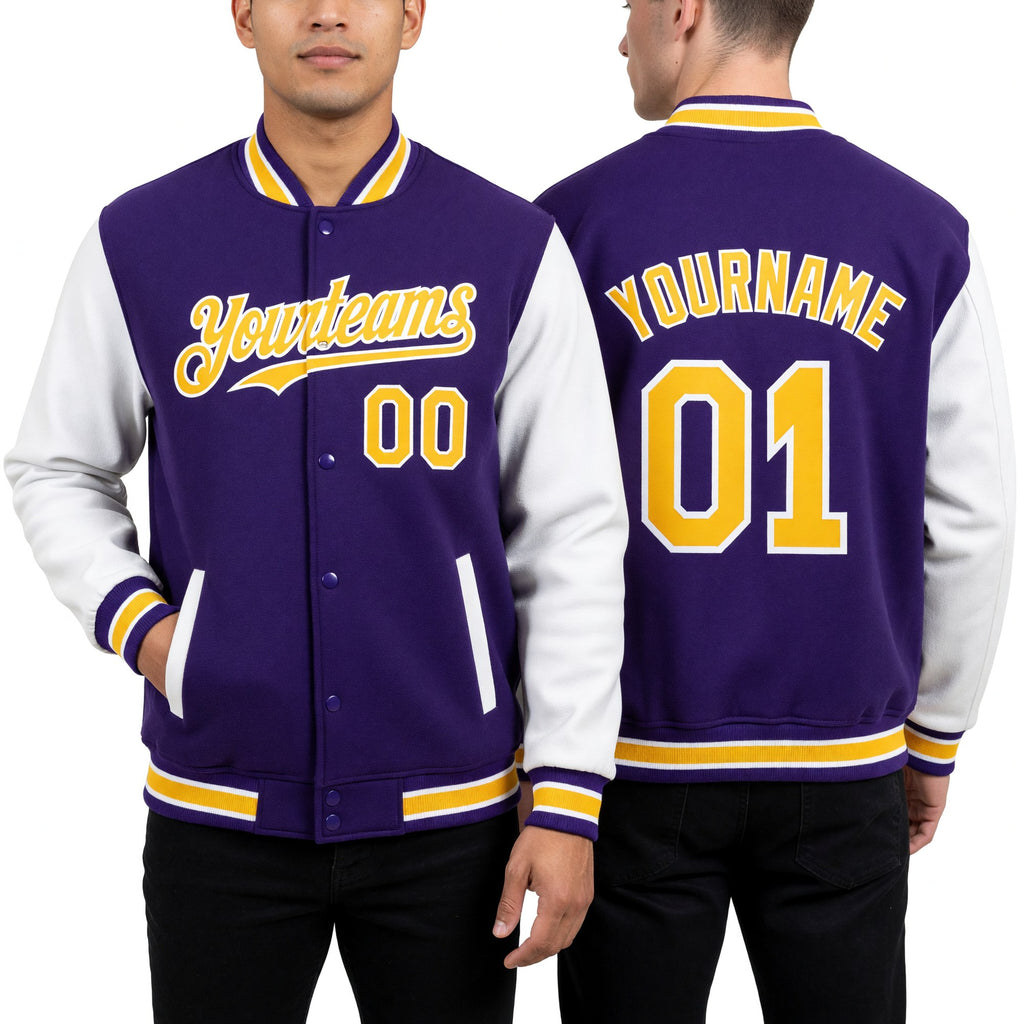 Custom Purple Gold-White Bomber Full-Snap Varsity Letterman Two Tone Hoodie Jacket worn front and back