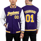 Custom Purple Gold-White Bomber Full-Snap Varsity Letterman Two Tone Hoodie Jacket worn front and back