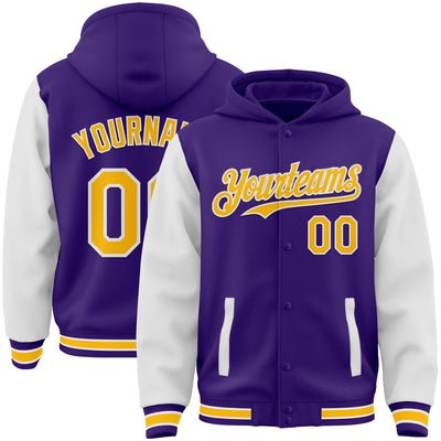 Custom Purple Full Snap Bomber Two Tone Varsity Jacket with Gold and White Accents Design 3588