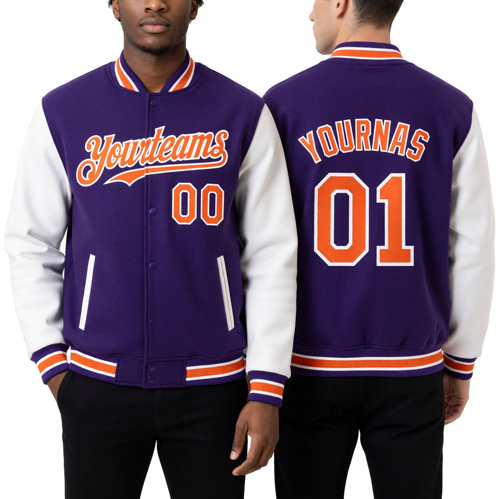 Custom Purple Orange-White Bomber Full-Snap Varsity Letterman Two Tone Hoodie Jacket worn front and back
