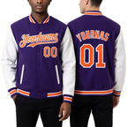Custom Purple Orange-White Bomber Full-Snap Varsity Letterman Two Tone Hoodie Jacket worn front and back