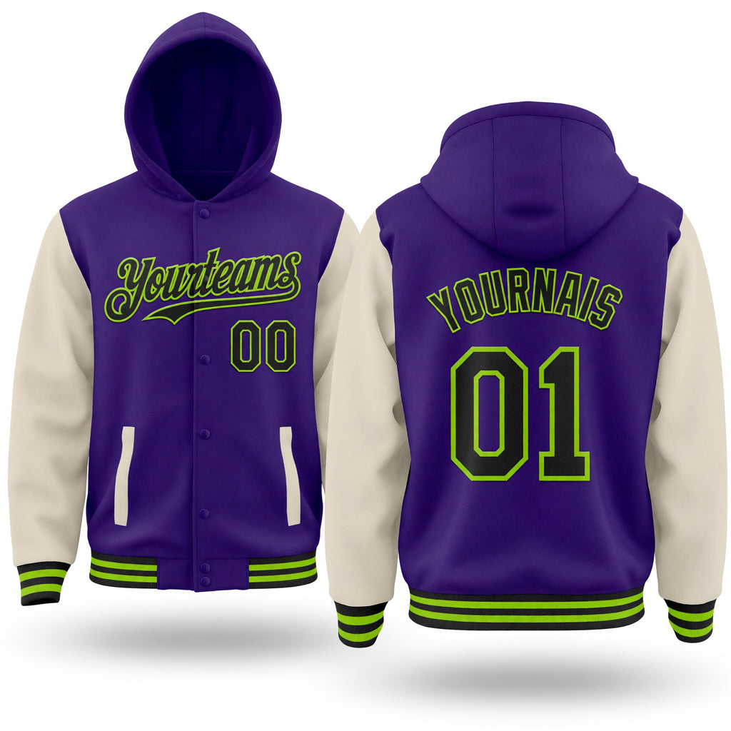 Custom Purple Black Cream-Neon Green Bomber Full-Snap Varsity Letterman Two Tone Hoodie Jacket