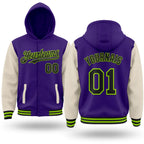 Custom Purple Black Cream-Neon Green Bomber Full-Snap Varsity Letterman Two Tone Hoodie Jacket
