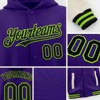 Custom Purple Black Cream-Neon Green Bomber Full-Snap Varsity Letterman Two Tone Hoodie Jacket detail