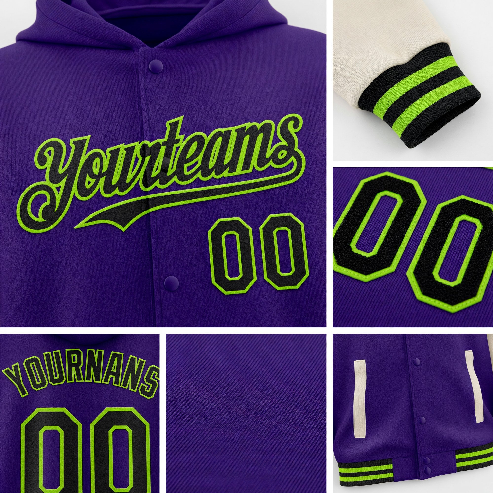 Custom Purple Black Cream-Neon Green Bomber Full-Snap Varsity Letterman Two Tone Hoodie Jacket detail