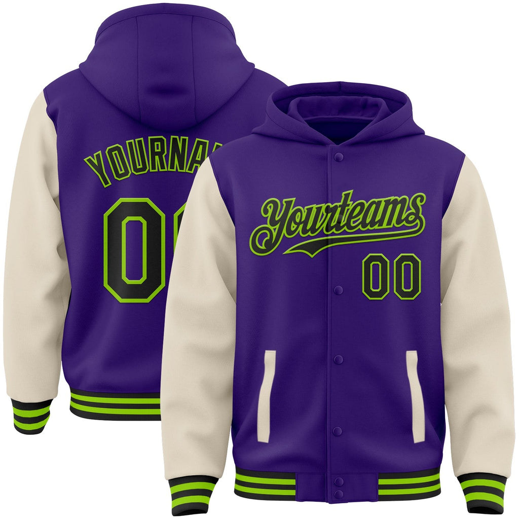 Custom Purple Black Cream-Neon Green Bomber Full-Snap Varsity Letterman Two Tone Hoodie Jacket photo 1